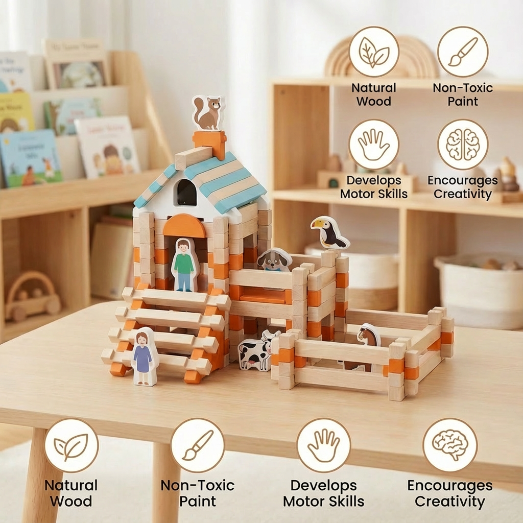 Montessori Wooden Block Set – Natural Stacking & Building Toy