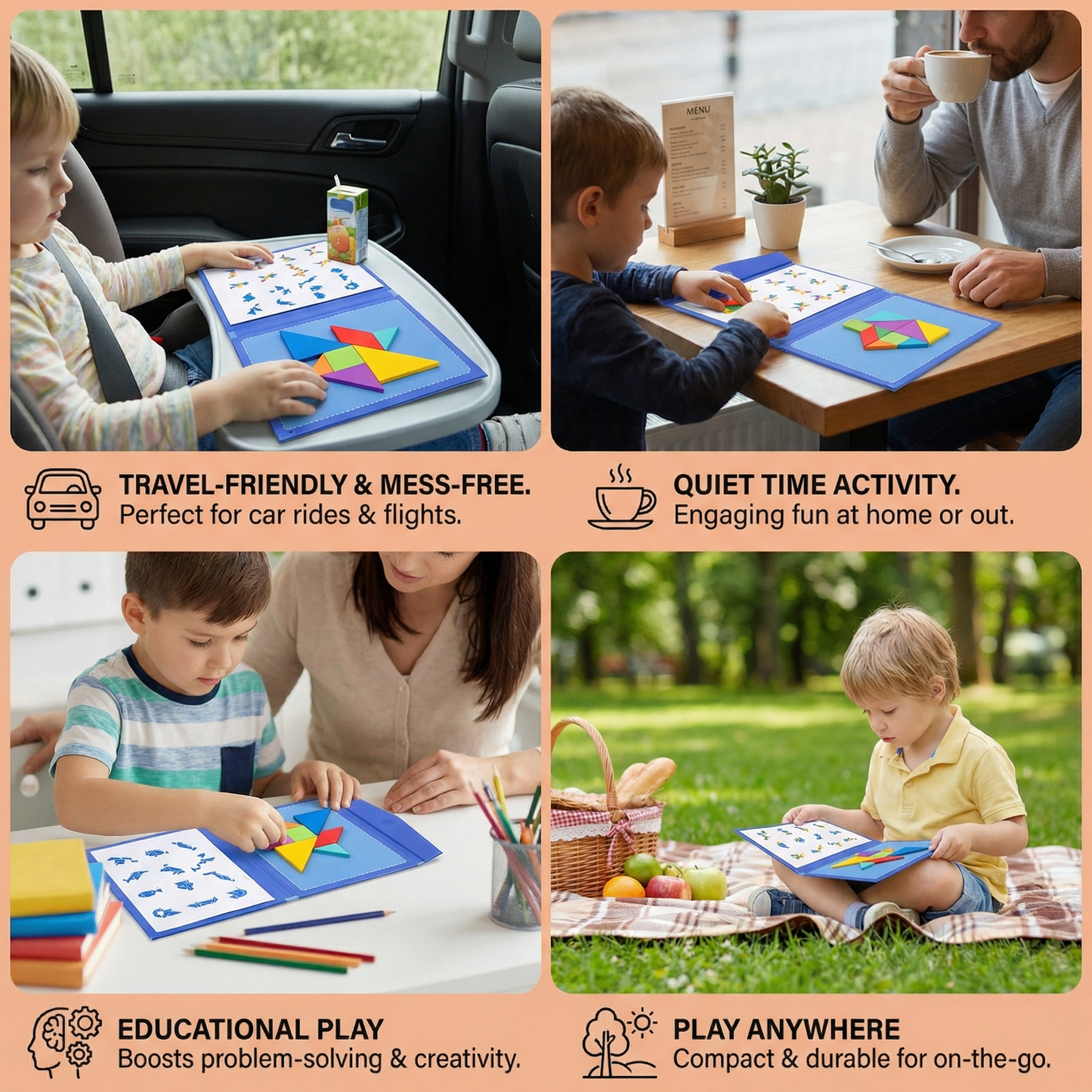 Portable Montessori Wooden Magnetic Tangram Puzzle Book Learning Toy