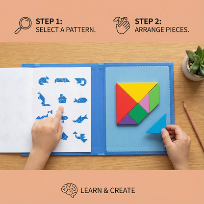 Portable Montessori Wooden Magnetic Tangram Puzzle Book Learning Toy