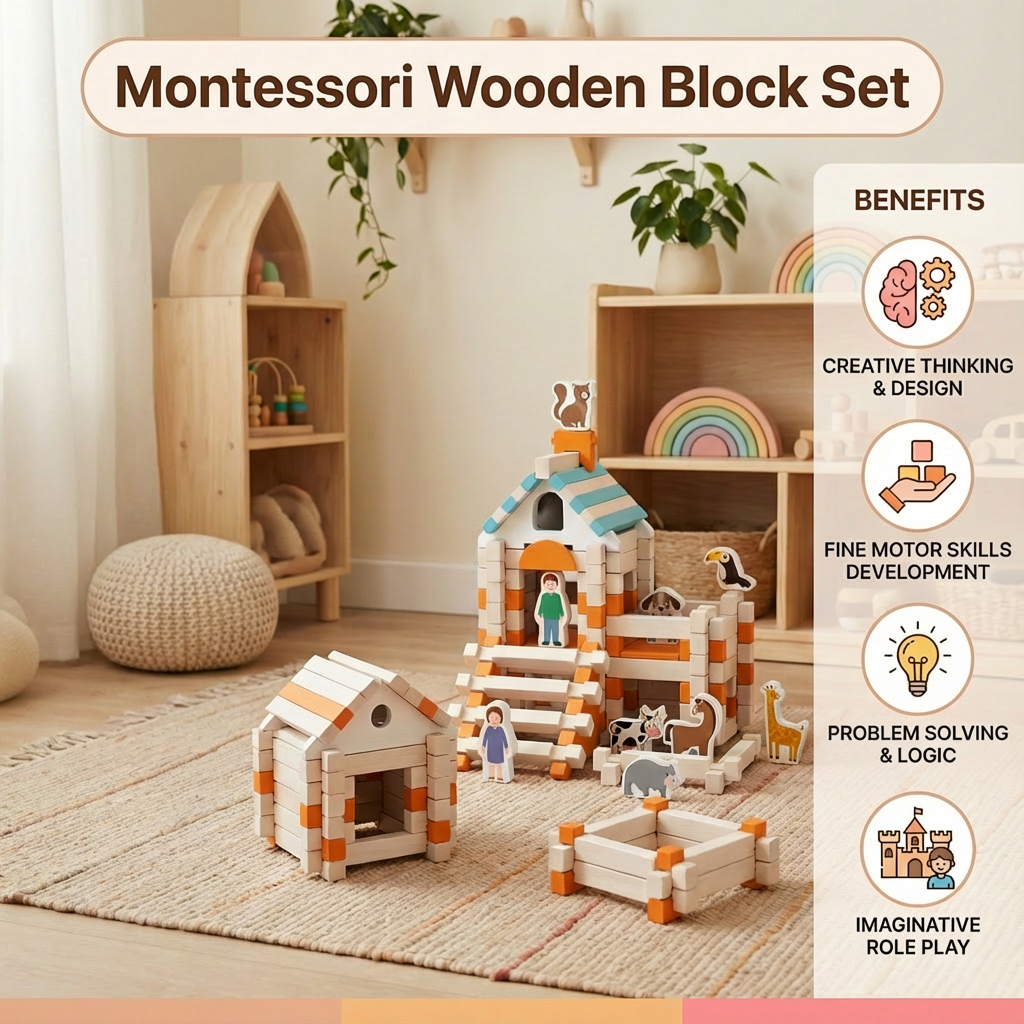Montessori Wooden Block Set – Natural Stacking & Building Toy