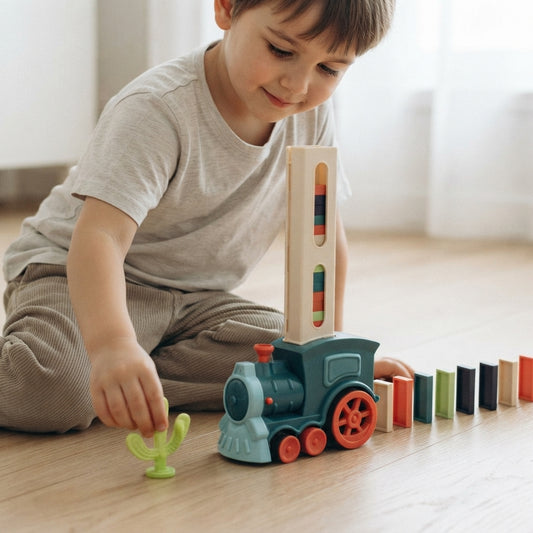 Child sitting on a wooden floor beside the electric domino train and its tile trail