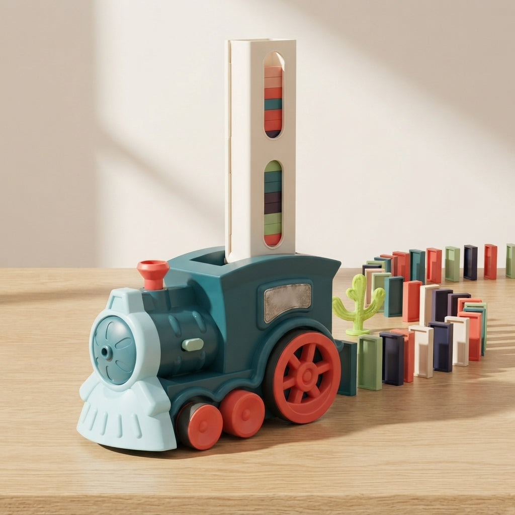Teal domino train with its loaded tile tower and cactus marker on a wooden table