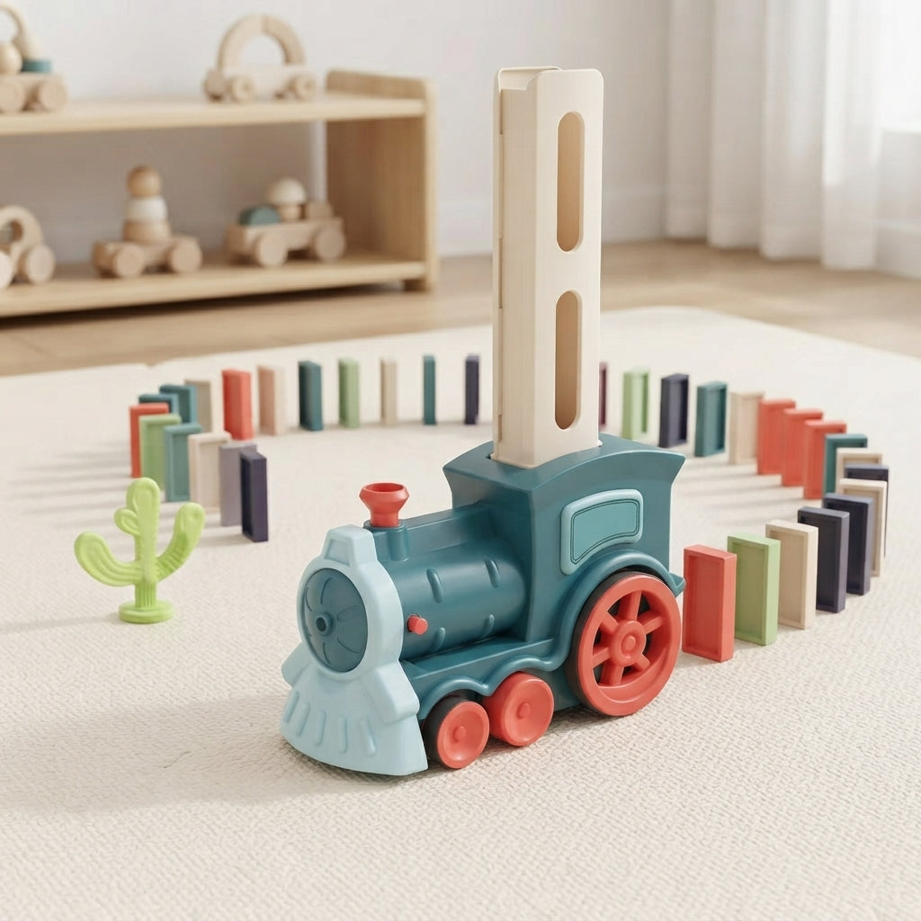 Domino train laying a curving line of coloured tiles across a playroom floor