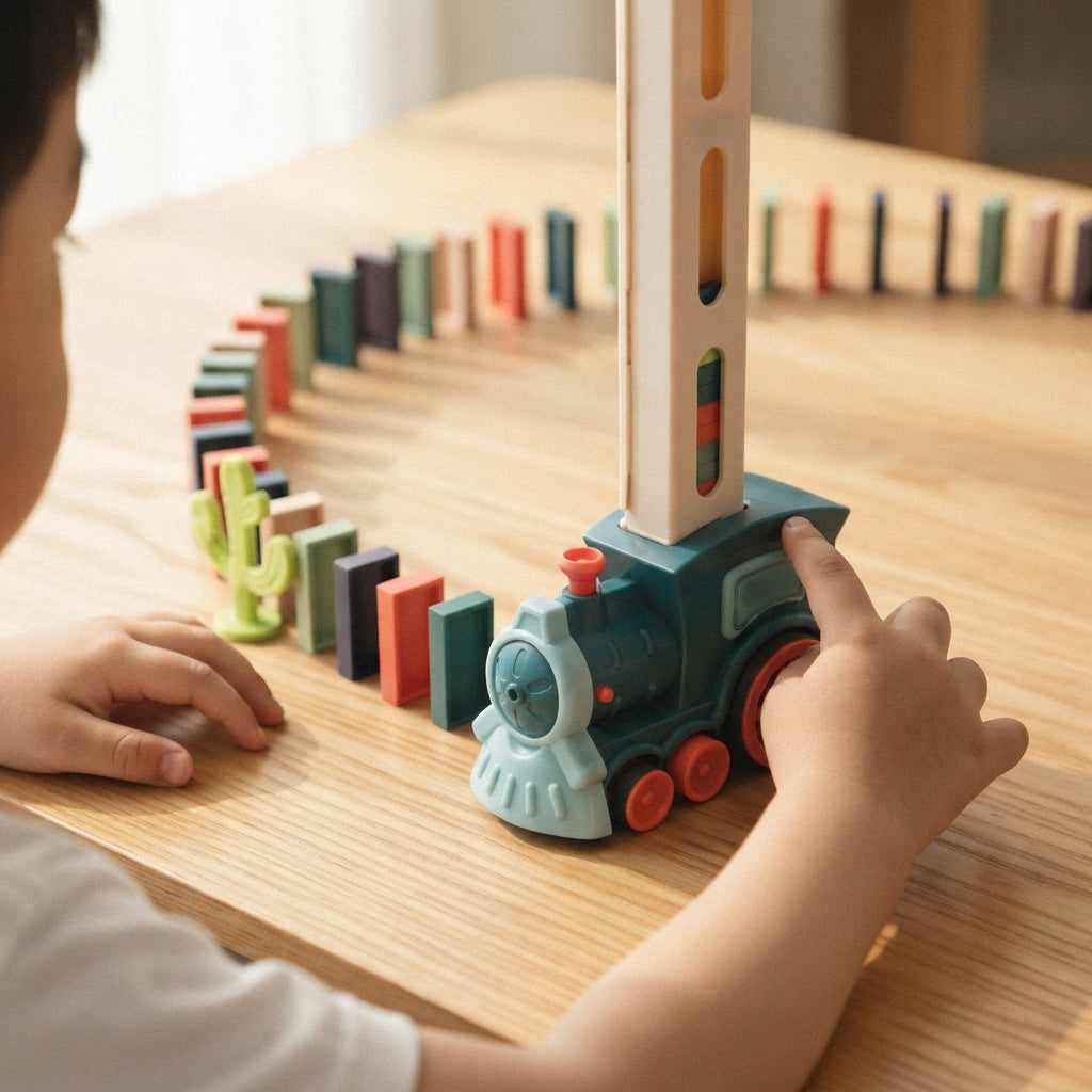 Child hands guiding the domino train as it lays a row of coloured tiles