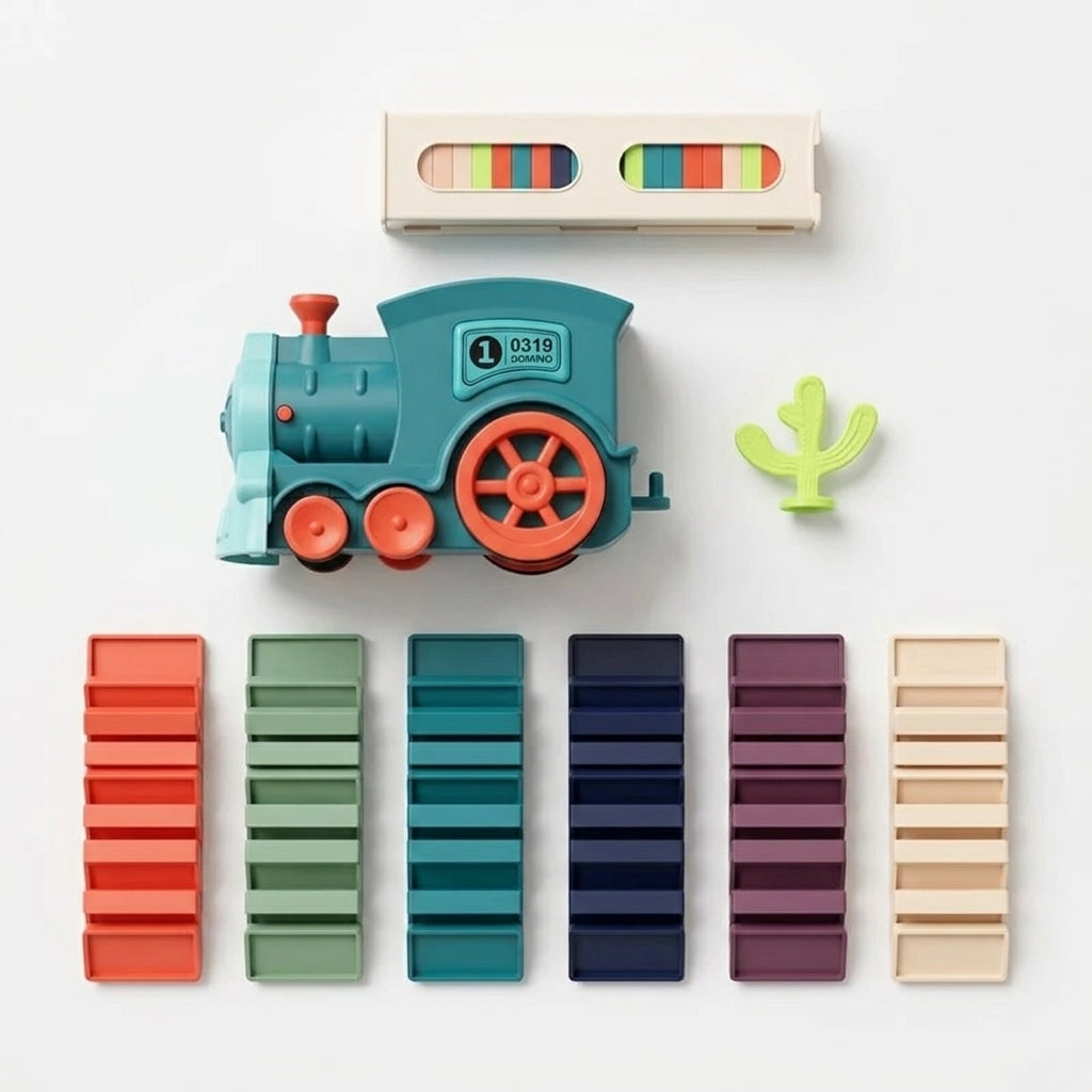 Domino train, tile tower, cactus marker and the tiles grouped by colour