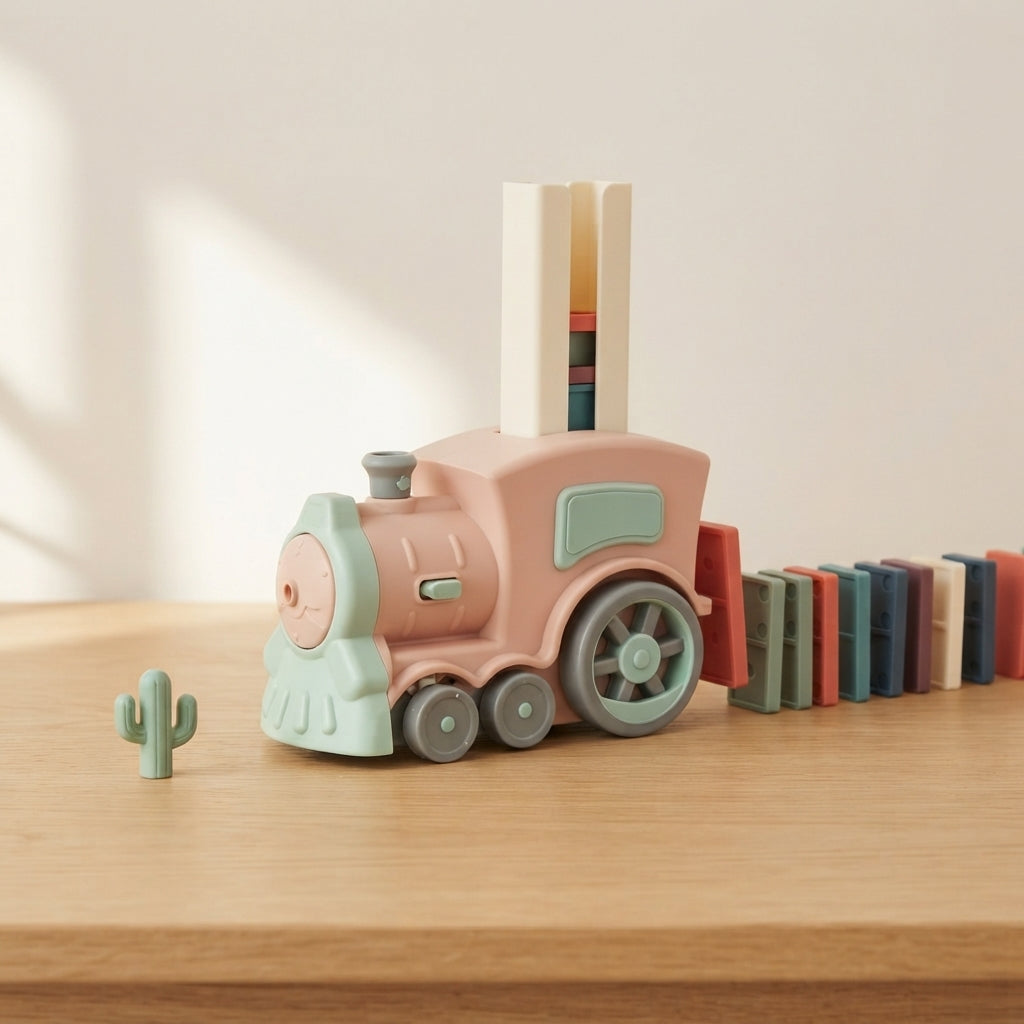 Pink domino train with its loaded tile tower and mint cactus marker on a wooden table