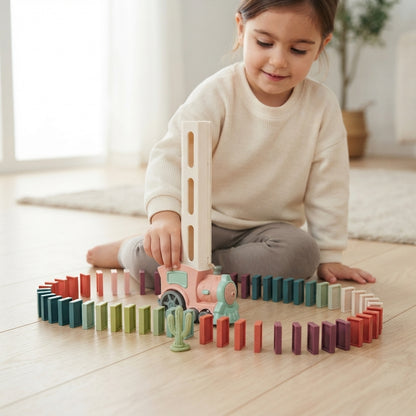 Child playing on the floor with the pink domino train and its tile trail