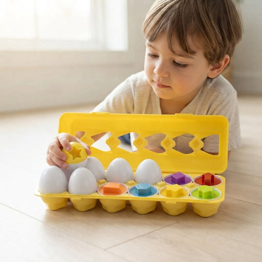 Young child matching a shape egg half beside the yellow twelve slot carton