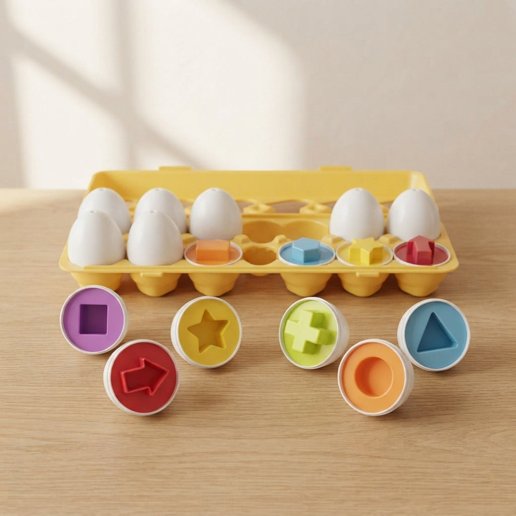 Shape matching egg set on a light oak table with four opened coloured egg halves