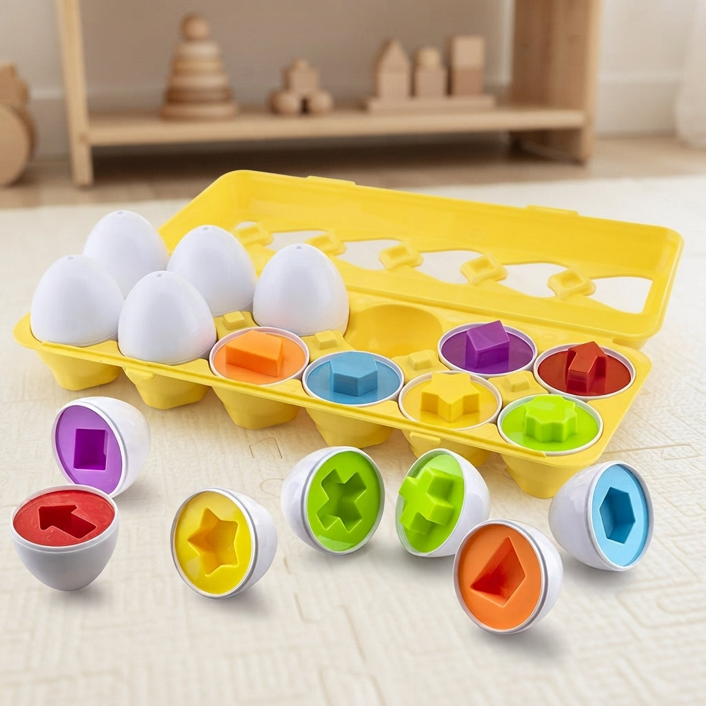 Shape matching eggs and yellow carton on a play table in a bright playroom