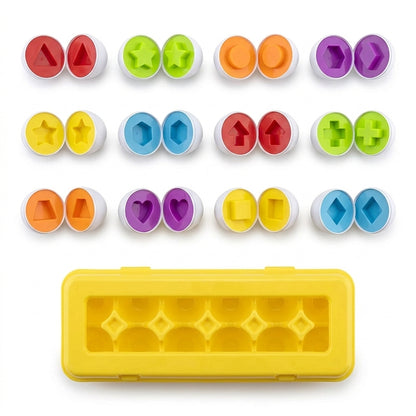 All twelve shape egg pairs laid out in rows with the empty yellow carton