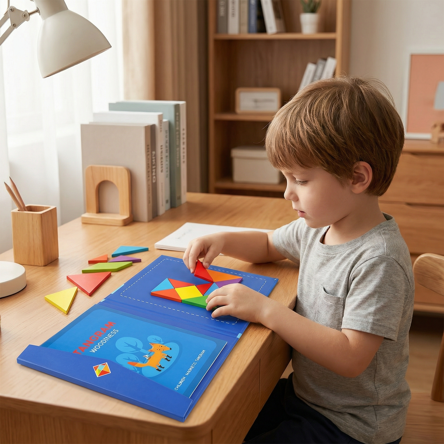 Portable Montessori Wooden Magnetic Tangram Puzzle Book Learning Toy