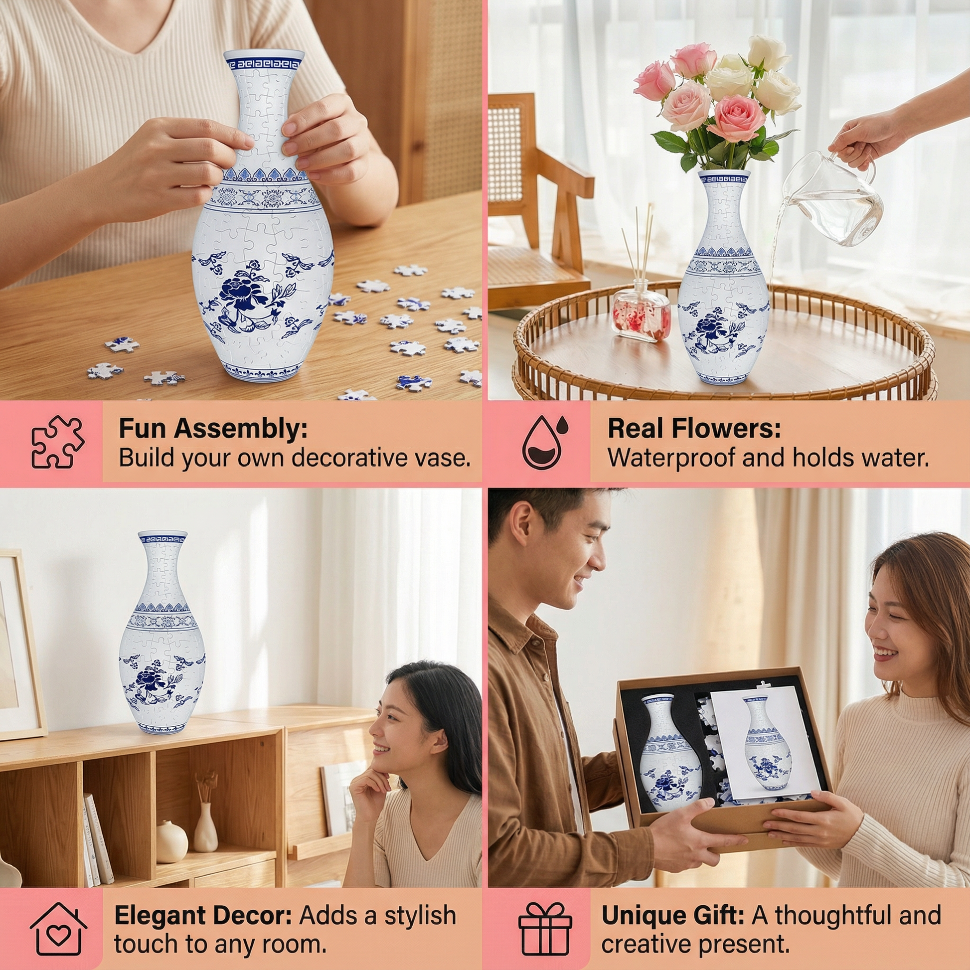 Elegant 3D Puzzle Vase – Suitable for Real Flowers