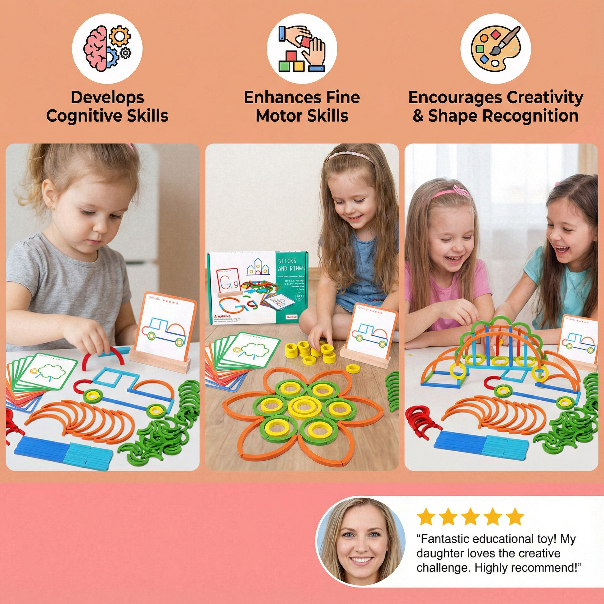 Educational Montessori Sticks and Rings Puzzle Blocks