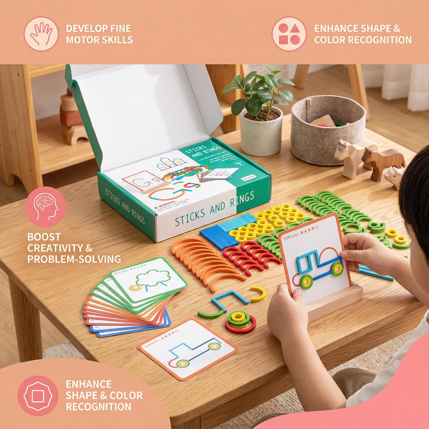 Educational Montessori Sticks and Rings Puzzle Blocks