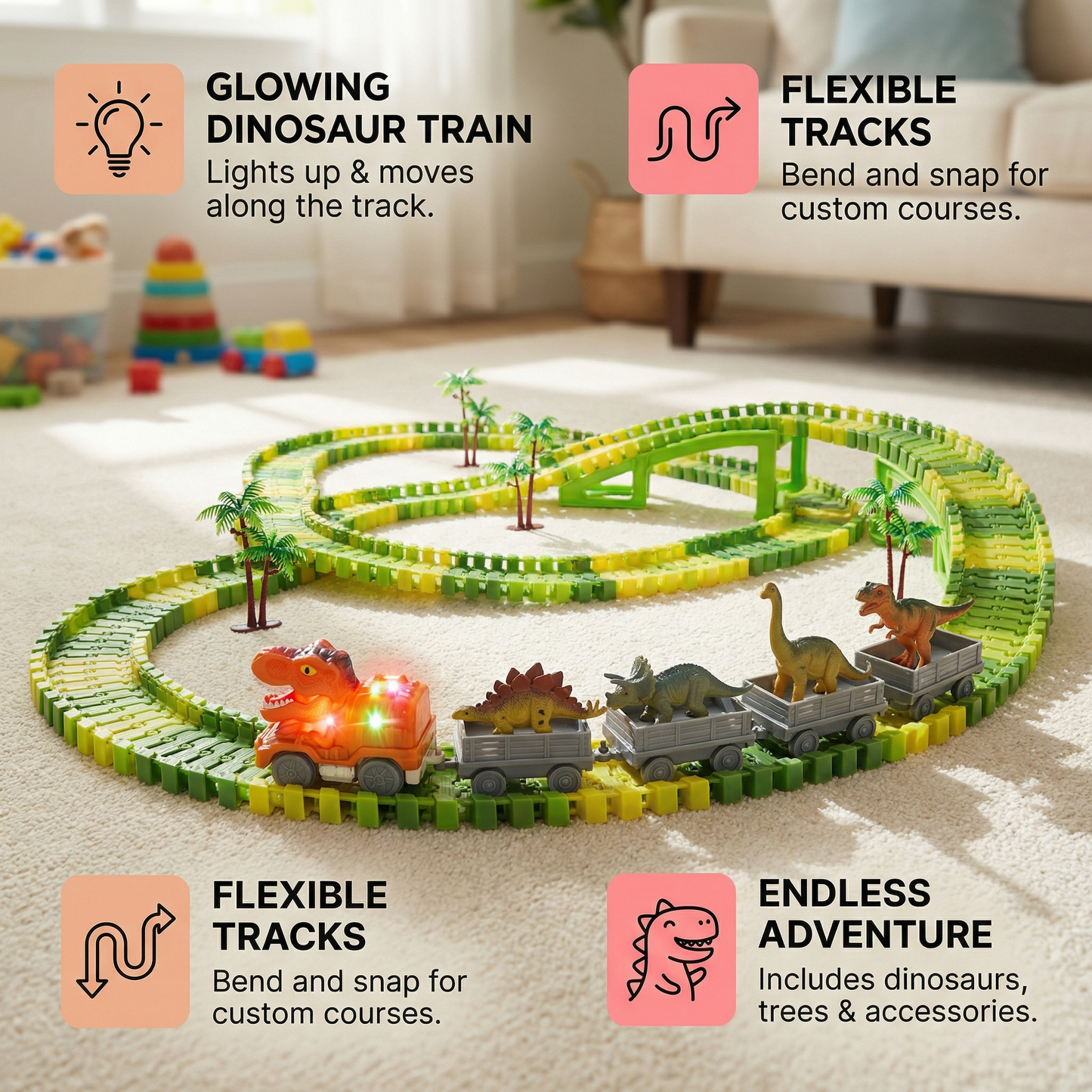 Dinosaur Track Adventure – Flexible Race Track with Glowing Train