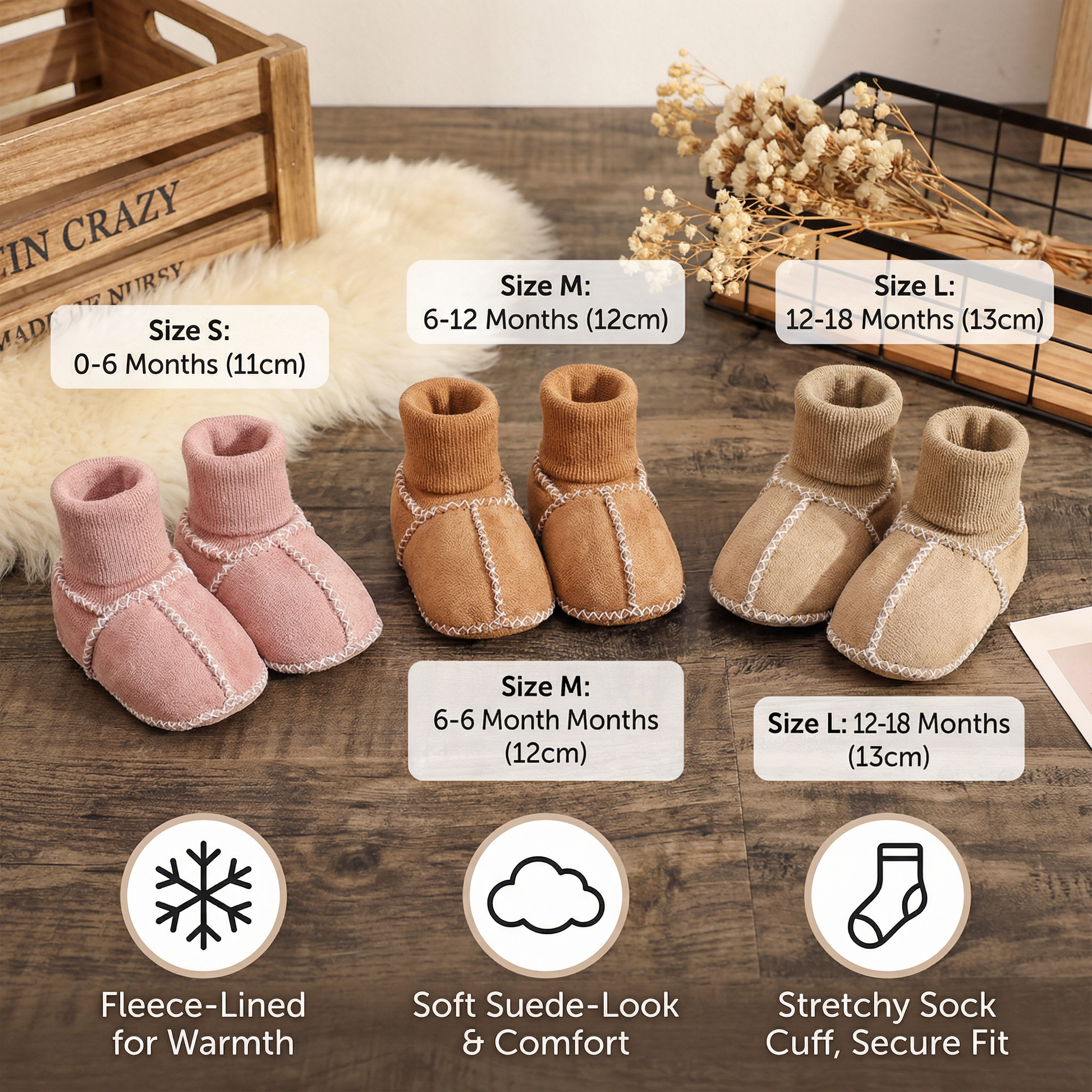 Fleece-Lined Baby Winter Sock Shoes in Suede Look