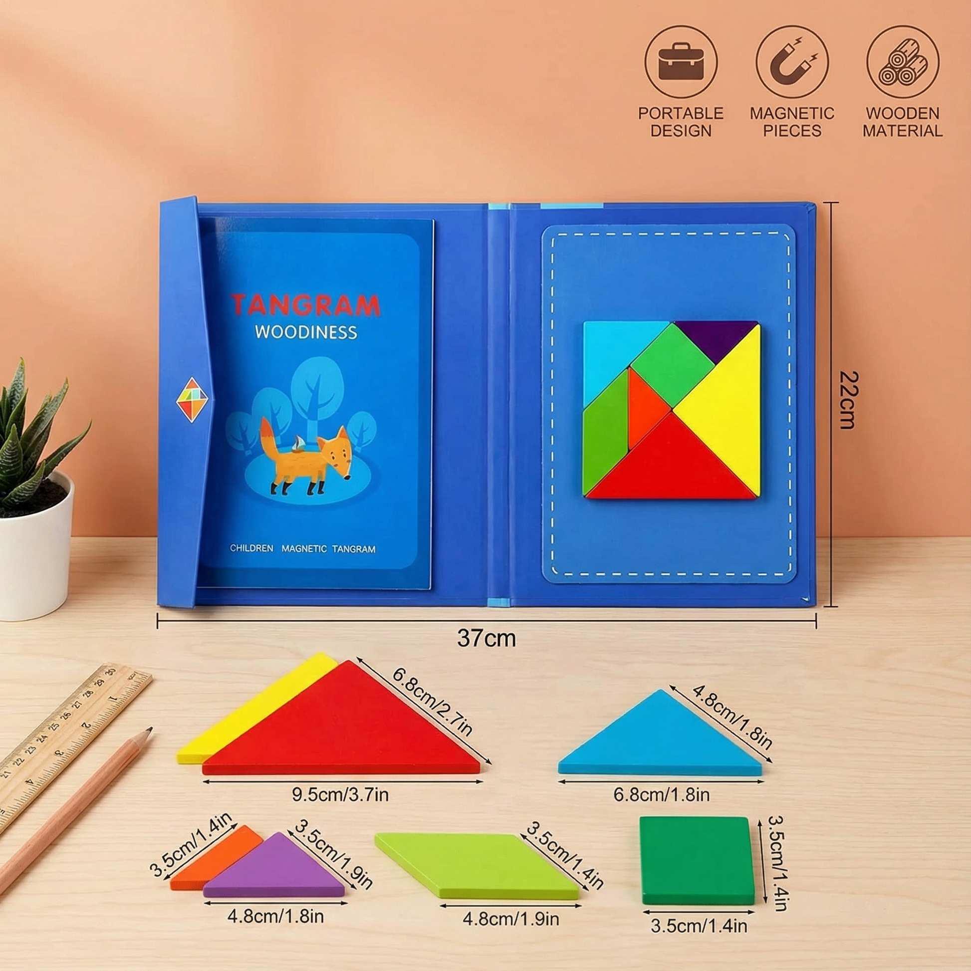 Portable Montessori Wooden Magnetic Tangram Puzzle Book Learning Toy